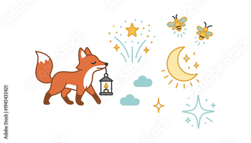 A whimsical fox holds a lantern under a starry night sky with bees