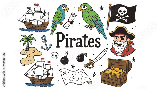 Pirate cartoon illustration with parrot, ship, treasure, and skull flag