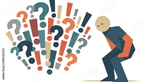 A confused man in a suit surrounded by colorful question marks and exclamation points
