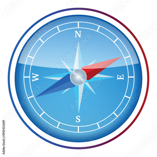 Blue glossy compass icon showing north east south west directions for travel navigation and orientation journey planners