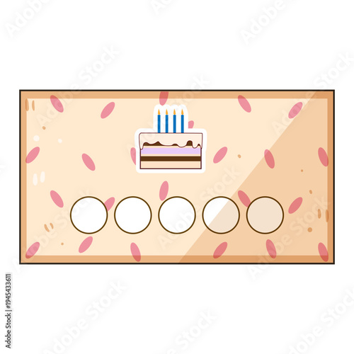 Loyalty card vector illustration with a birthday cake and five punch spaces, two filled, representing customer rewards and celebrating special customer occasions