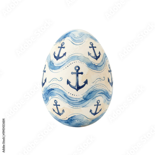 Nautical Easter Egg Watercolor, Anchor and Wave Pattern, Isolated on White