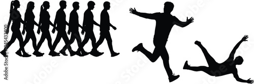 Walking silhouettes, running figures, human motion, group movement, dynamic poses, falling person, contrast behavior, black illustration, people activity, flavector