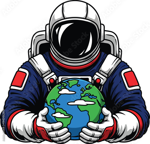Astronaut holding planet Earth in hands illustration.