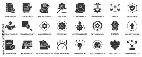 Best Practices icon set. Containing workflow, consistency, compliance, ethics, accountability, safety, procedures, quality and more. Glyph vector icons collection pack.
