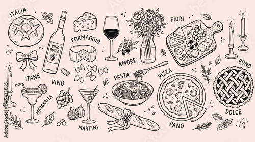 Italian food and drink icons, including pizza, pasta, wine, cheese, and desserts, with labels in Italian, on a beige background with black line drawings and illustrations.