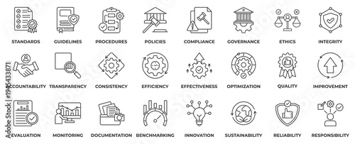 Best Practices icon set. Containing workflow, consistency, compliance, ethics, accountability, safety, procedures, quality and more. Line vector icons collection pack.