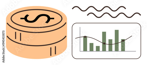 Economic management, financial planning, market trends, data visualization, investment analysis, business forecasting. Coin stack and bar graph with fluctuating line. Economic management