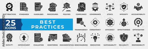 Best practices icon set collection. Containing standards, guideline, quality, efficiency, process, excellence, optimize, improve, policy, procedure, performance. Simple Solid Vector Illustration.
