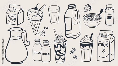 Milk and dairy doodle set with bottles, carton, jug, milkshake, ice cream and drinks. Hand drawn line illustration collection for menu, packaging, cafe and food design.