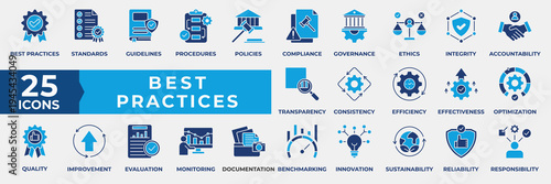 Best practices icon set collection. Containing standards, guideline, quality, efficiency, process, excellence, optimize, improve, policy, procedure, performance. Simple Flat Blue Vector Illustration.
