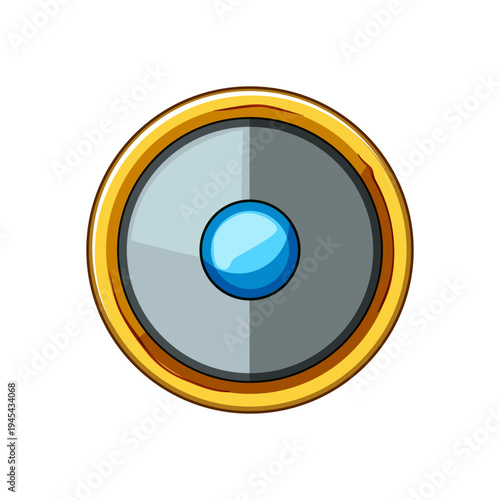 Round magic shield vector art icon for game interface, symbol of protection, power, security, and defense in a fantasy setting, featuring a golden border and central blue gem