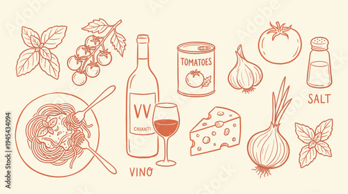 Delicious Italian food and wine illustration with various ingredients and dishes, perfect for culinary and restaurant concepts, showcasing a tasty and appetizing meal.