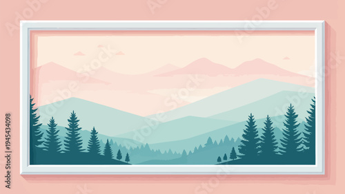 Minimalist gradient frame with mountain landscape and pine trees in soft pastel colors on a pink background