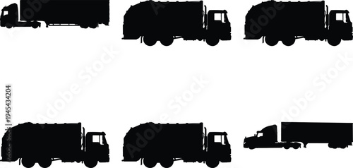 Compilation of truck silhouettes, highlighting garbage trucks and semi-trucks, rendered in black on a white background for easy integration into designs.