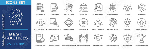 Best practices icon set. Containing procedures, policies, compliance, governance, ethics, integrity, accountability, transparency and documentation. Line vector icons collection.