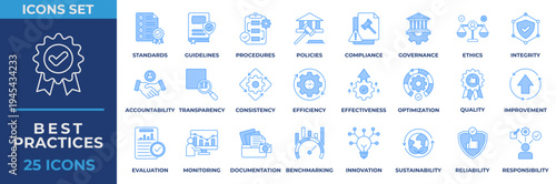 Best practices icon set. Containing procedures, policies, compliance, governance, ethics, integrity, accountability, transparency and documentation. Blue vector icons collection.