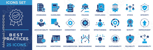 Best practices icon set. Containing procedures, policies, compliance, governance, ethics, integrity, accountability, transparency and documentation. Flat vector icons collection.