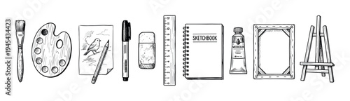 Hand-drawn set of various art supplies including a paintbrush, palette, pencil, sketchbook, canvas, and easel, all illustrated in a black and white vintage doodle style