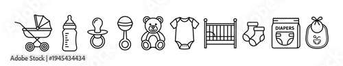 Set of black baby line icons including a stroller, feeding bottle, pacifier, rattle, teddy bear, bodysuit, crib, socks, diapers, and bib in a simple minimalist outline style