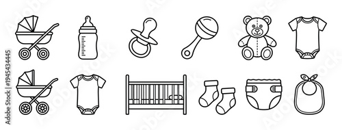 Set of black and white baby icons featuring a stroller, bottle, pacifier, rattle, teddy bear, bodysuit, crib, socks, diaper, and bib in a minimalist line art style