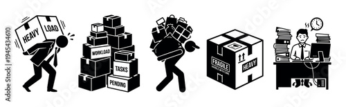 Black and white vector icon collection depicting business concepts like heavy load, pending tasks, workload, and a stressed employee who is overwhelmed with paperwork at an office desk