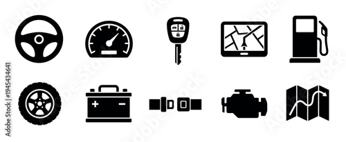 Ten black solid glyph icons for automotive themes, showing a steering wheel, speedometer, key fob, navigation system, fuel pump, wheel, battery, seatbelt, engine, and a road map