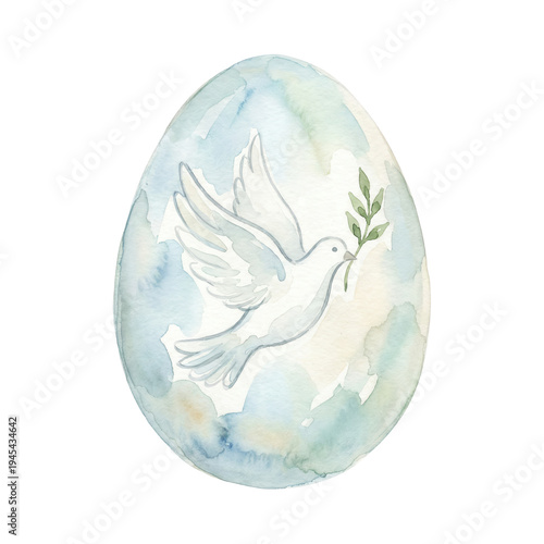 Peaceful Watercolor Easter Egg with Dove and Olive Branch