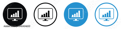 Business analytics icons showing a bar chart on a monitor screen. Professional flat design in black and blue circular badges. Perfect for financial reports and data visualization concepts.