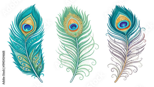 Luxury ornamental peacock feather vector set colorful illustration design elements decorative plumage