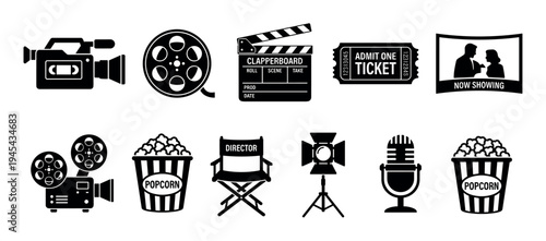 Set of black cinema and filmmaking icons including a camera, clapperboard, film reel, popcorn, and director's chair in a simple graphic silhouette style for movie industry concepts