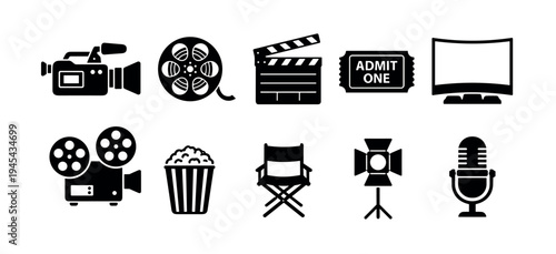 Set of black cinema and movie icons featuring a camera, clapperboard, film reel, popcorn, and director's chair for filmmaking and entertainment concepts in a simple graphic style