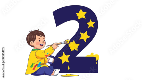 Boy Painting Large Number Two with Stars.