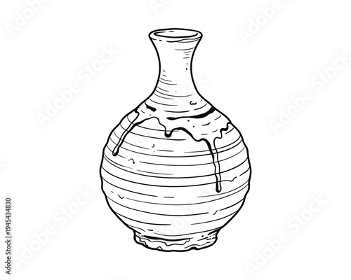 Hand drawn ceramic pottery vase with textured surface and glaze drips, outline illustration