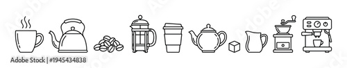 Set of black line art icons showing coffee and tea making equipment like a kettle, grinder, espresso machine, and teapot in a minimalist outline style for graphic design