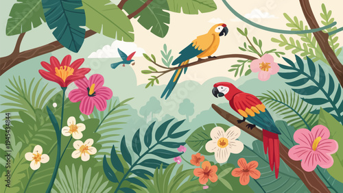 Vibrant jungle paradise vector illustration with colorful parrots exotic flowers lush greenery and tropical leaves in a serene natural