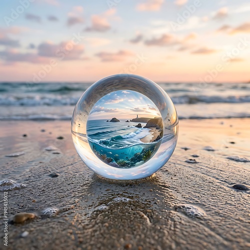 Miniature Coastal Scene in Crystal Ball at Sunset