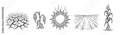 Set of hand-drawn black line illustrations showing the effects of drought, including cracked earth, a hot sun, a barren field, and withered plants in a sketch style