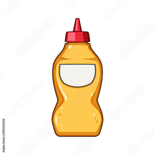 Mustard bottle featuring a red squeeze dispencer cap, a blank label, and a yellow condiment, appearing as a playful cartoon vector graphic on a clean white background