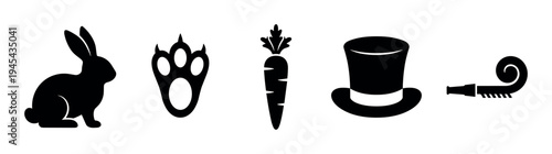 Set of black silhouette icons featuring a rabbit, a paw print, a carrot, a top hat, and a party horn for various holiday and celebration concepts like Easter or magic