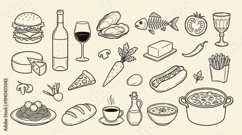 A collection of various food and drink items, including wine, cheese, fish, and other culinary delights, beautifully illustrated in a simple line drawing style on a beige background.