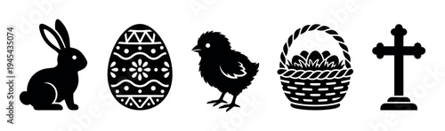 Set of black Easter holiday icons including a bunny, decorated egg, chick, basket, and cross in a simple graphic silhouette style for festive spring celebration