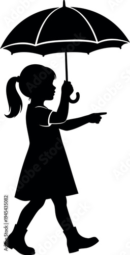 Black silhouette of a little girl holding an umbrella