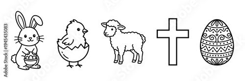 Set of black and white Easter icons including a bunny, chick, lamb, cross, and decorated egg in a simple hand-drawn line art style for coloring