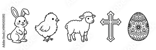 Black and white Easter line art icons featuring a cute rabbit, a small chick, a lamb, a Christian cross, and an ornate egg, presented as a collection of holiday symbols
