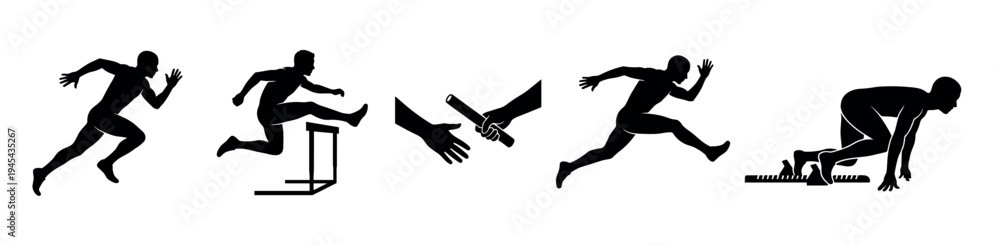 Obraz premium Set of black athletic silhouettes depicting track and field events like sprinting, hurdling, relay race baton pass, and starting from blocks in a dynamic graphic style