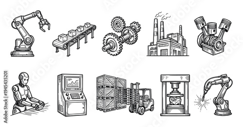 Industrial manufacturing and automation icon set featuring a robotic arm, conveyor belt, factory, engine, and forklift in a detailed hand-drawn black and white sketch style