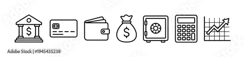 Set of black line art icons representing finance and banking concepts like a bank, credit card, wallet, money bag, safe, calculator, and growth chart in a minimalist style