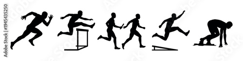 Collection of black male athlete silhouettes in various dynamic action poses from track and field disciplines like sprinting, hurdling, relay race, and jumping