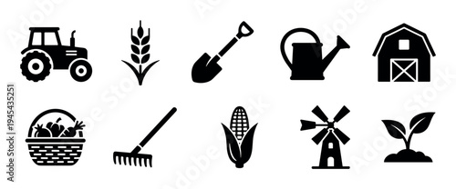 Collection of ten black agriculture icons including a tractor, barn, windmill, wheat, corn, and gardening tools presented in a minimalist flat silhouette vector style